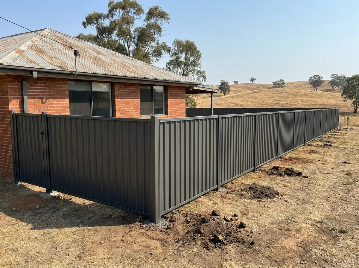 New dark grey Colorbond fence along a brick home with dry hills behind