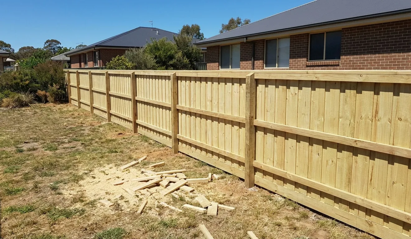 New treated pine timber paling fence around a backyard